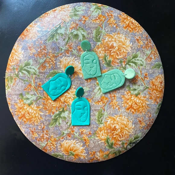 Handmade Clay Earrings | Face Outline Statue | Dark Turquoise | Push Backs - Picture 6 of 9